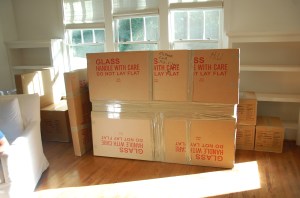 Living room with boxes.